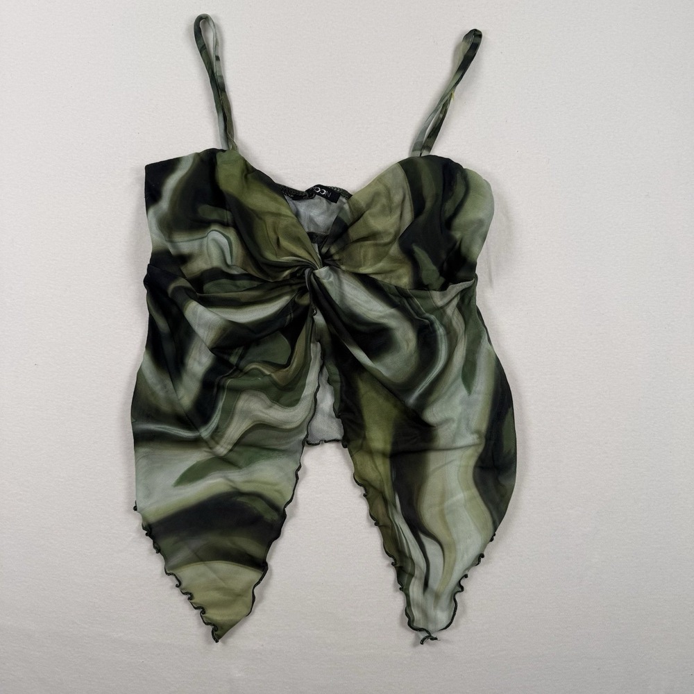 Y2K Mesh Cami Top Sz M Twist Front Green Marble Swirl Fairygoth Whimsigoth